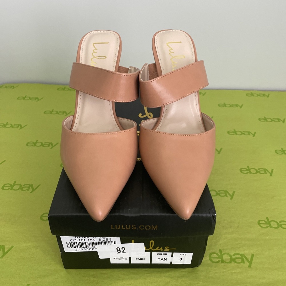 Lulus Faire Tan Pointed Toe Mules Vegan Leather Stiletto Heels Size 8 NEW